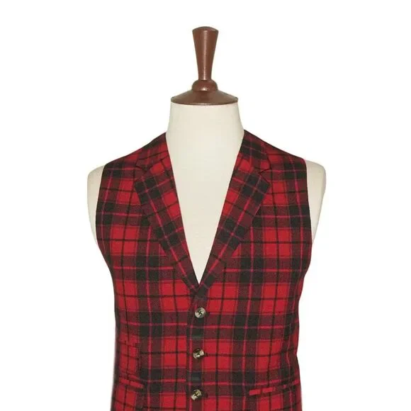Mens Plaid Vest 46R Red Black Wool Waistcoat Preppy Wedding Party Formal Casual